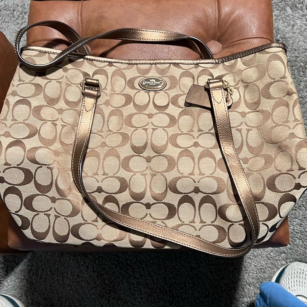 Tan Coach logo tote